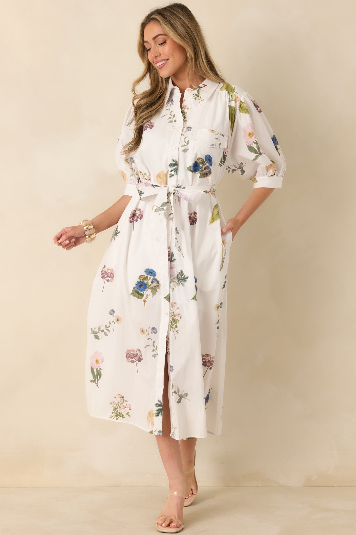 Garden Afternoon Ivory Multi Cotton Floral Print Button Front Belt Tie Midi Dress