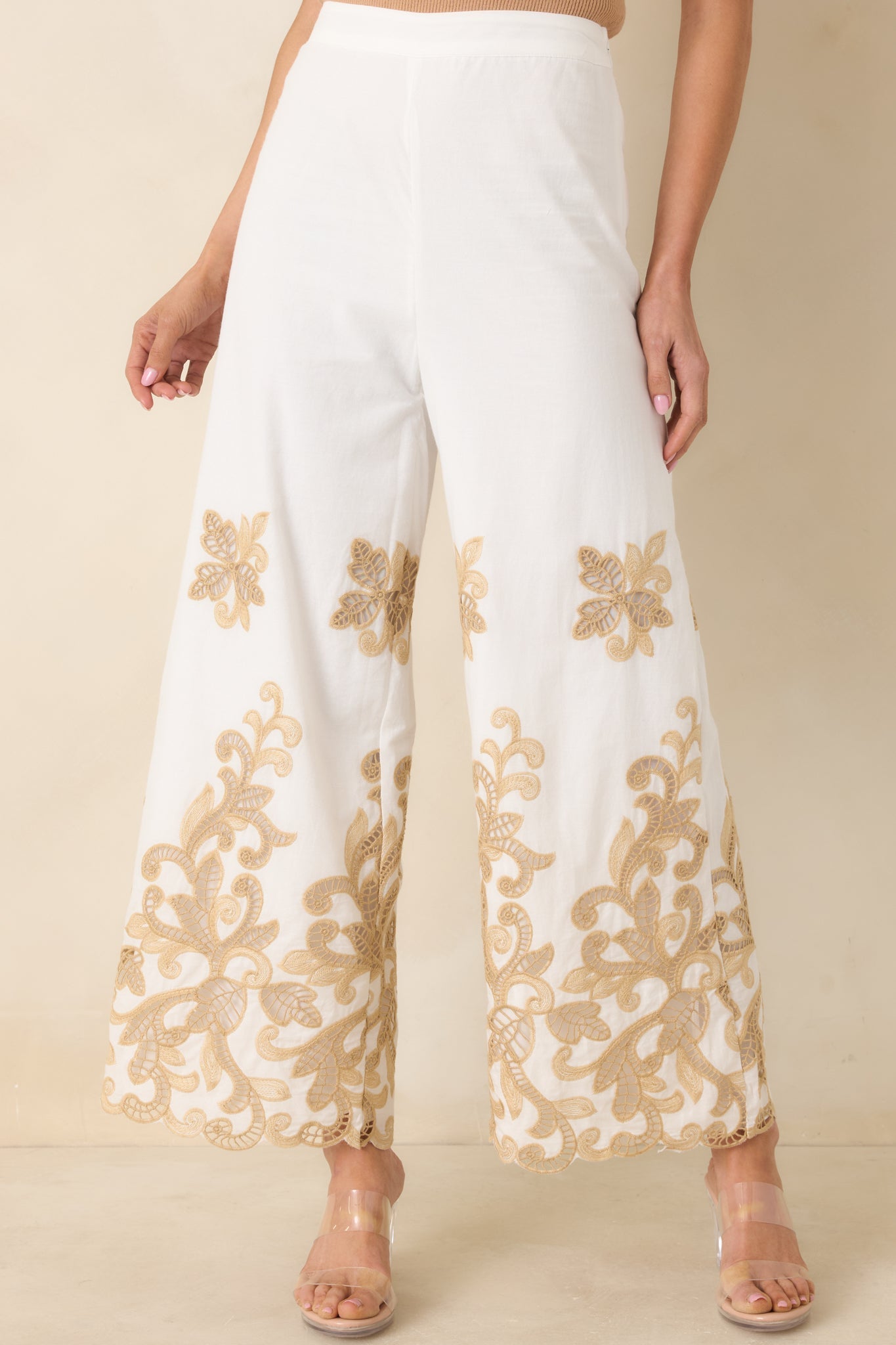 Kiss Me in Champagne Ivory Cotton Lace Applique Wide Leg Pants