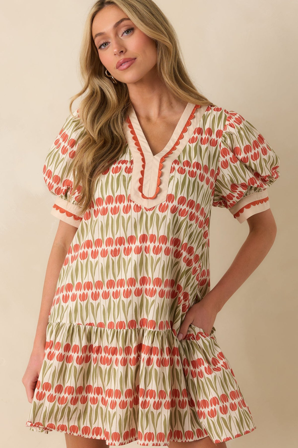 Simply Hers Ivory Tulip Floral Print Cotton Puff Sleeve Mini Dress