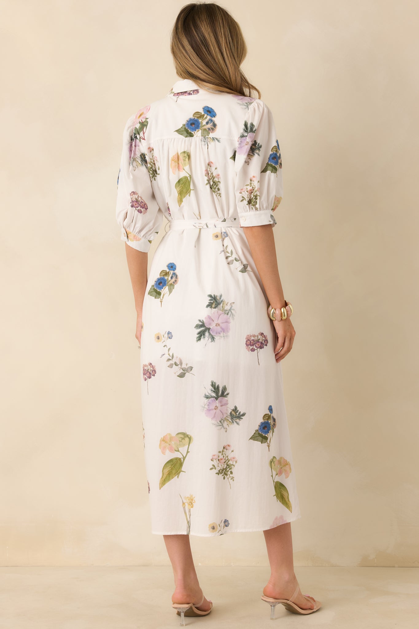 Garden Afternoon Ivory Multi Cotton Floral Print Button Front Belt Tie Midi Dress