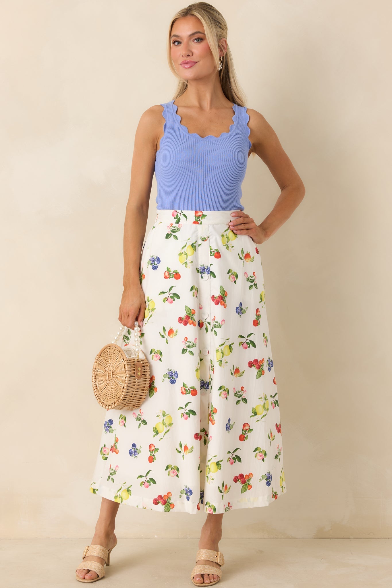Pick of the Season White Multi Cotton Fruit Print Midi Skirt