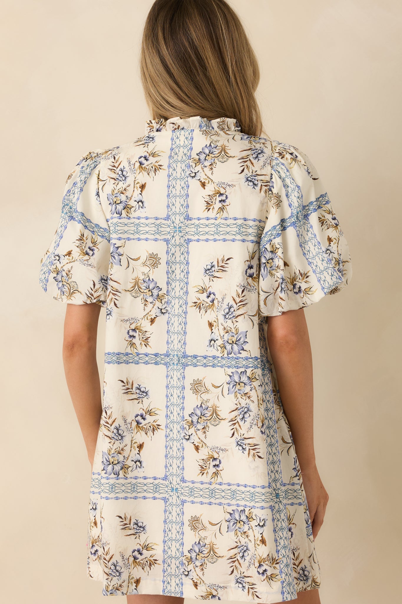 Garden Lattice Ivory Multi Cotton Floral Tile Print Mini Dress