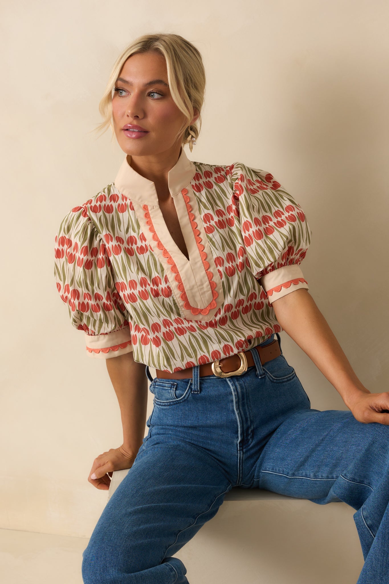 She's Got Time Ivory Tulip Floral Print Cotton Puff Sleeve Top