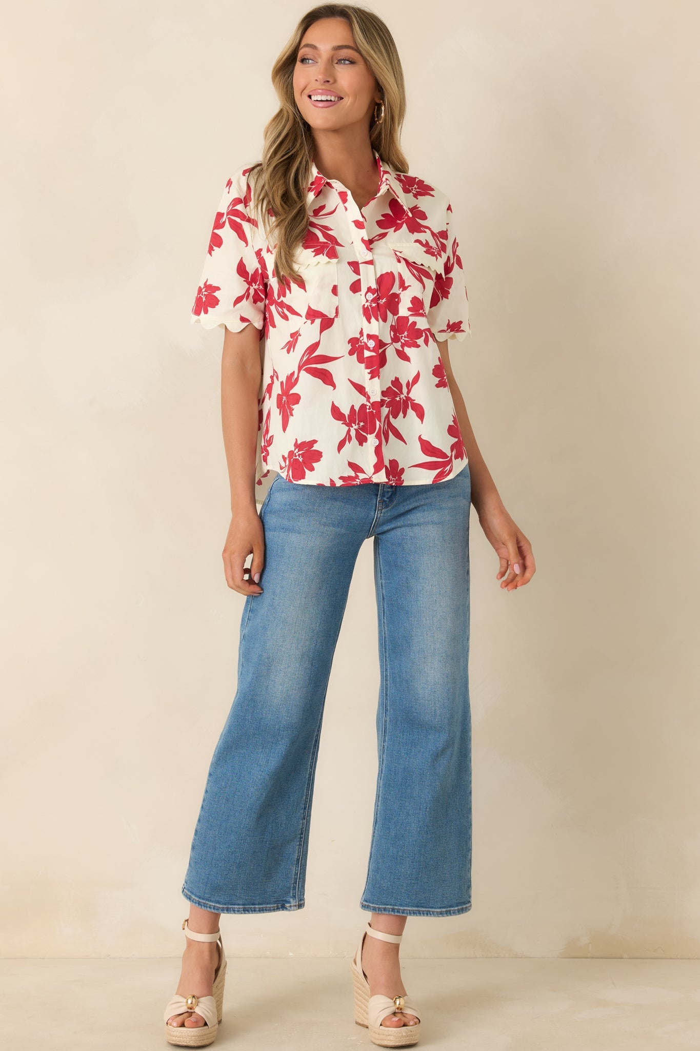 Feeling Fabulous Ivory & Red Floral Cotton Button Front Top