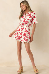 Feeling Fabulous Ivory & Red Floral Cotton Button Front Top