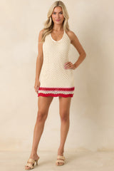 MINKPINK Elva Ivory & Red Stripe Crochet Halter Mini Dress