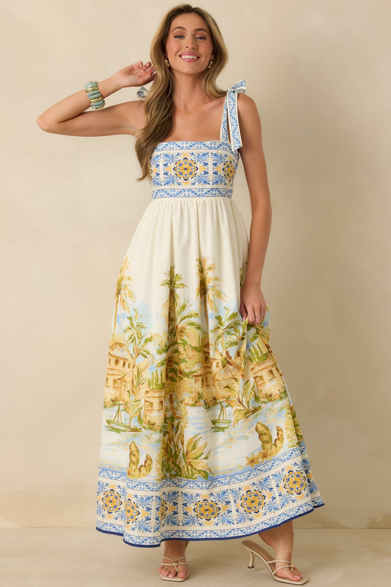 Paradise in Sunlight Ivory Multi Tie-Strap Cotton Maxi Dress