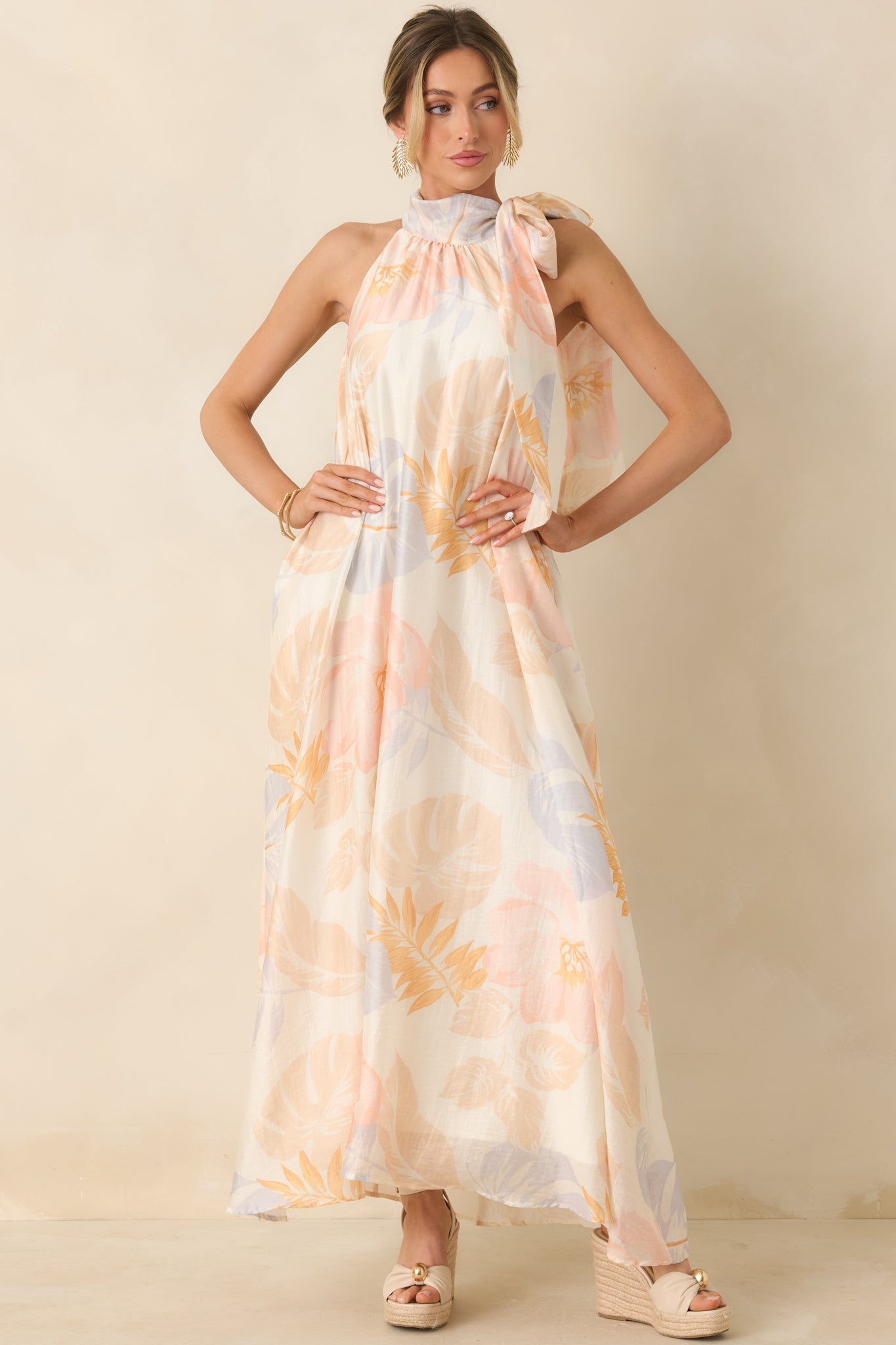 Naturally Radiant Ivory Multi Tropical Print Halter Maxi Dress