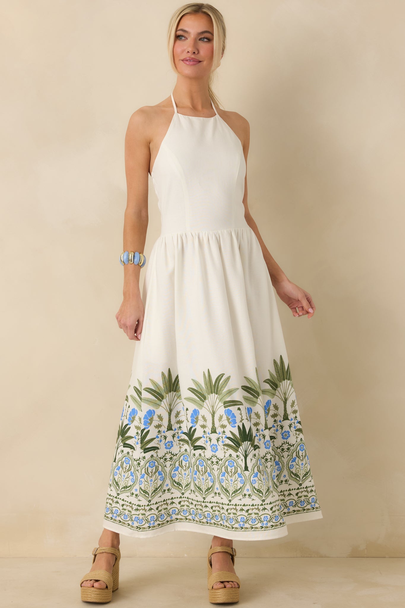 Palm Villa Ivory Multi Floral & Palm Halter Midi Dress