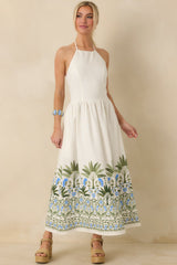 Palm Villa Ivory Multi Floral & Palm Halter Midi Dress