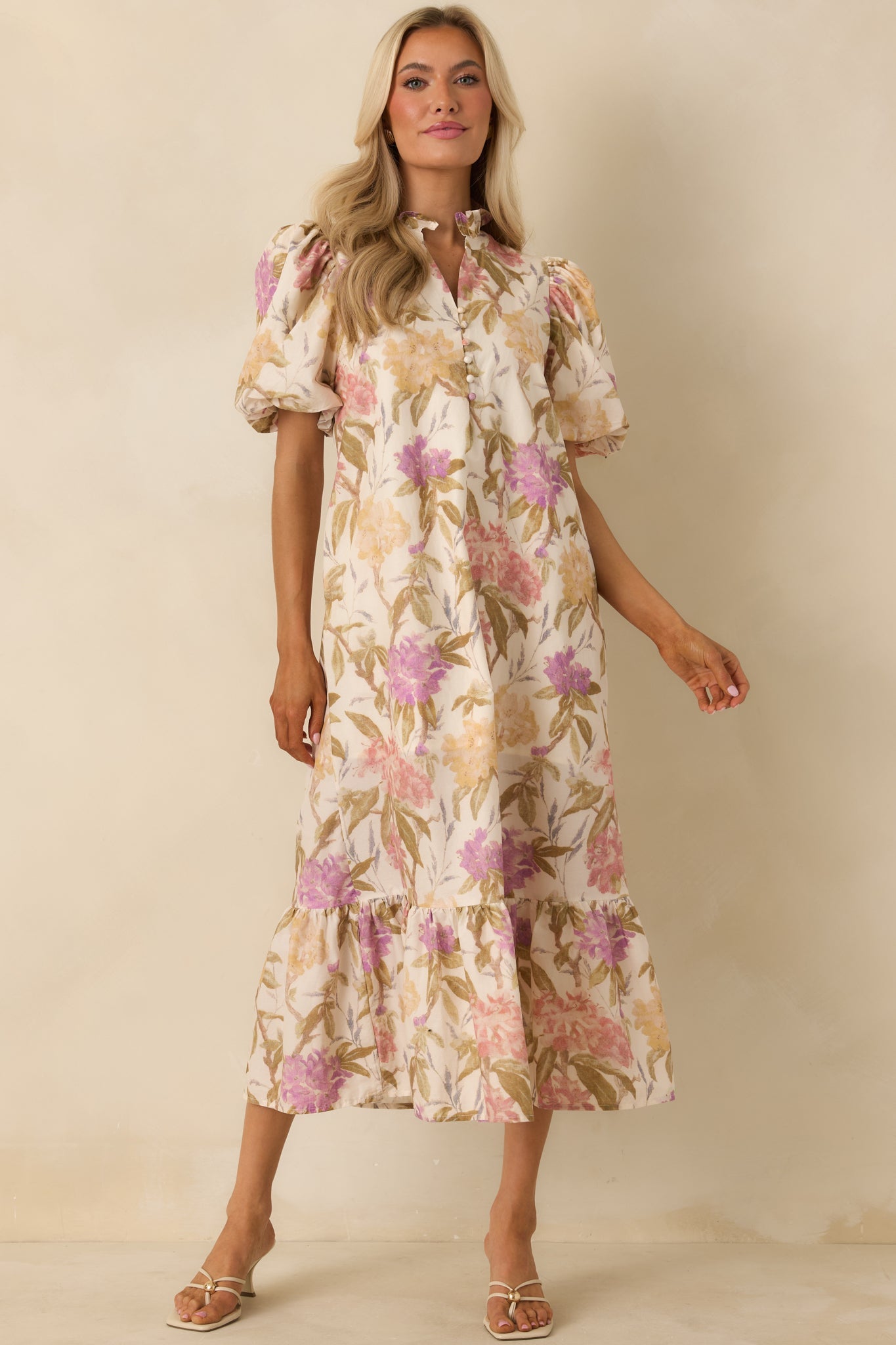 Just Can't Help Yourself Ivory Multi Floral Print Cotton Puff Sleeve Maxi Dress