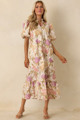 Just Can't Help Yourself Ivory Multi Floral Print Cotton Puff Sleeve Maxi Dress