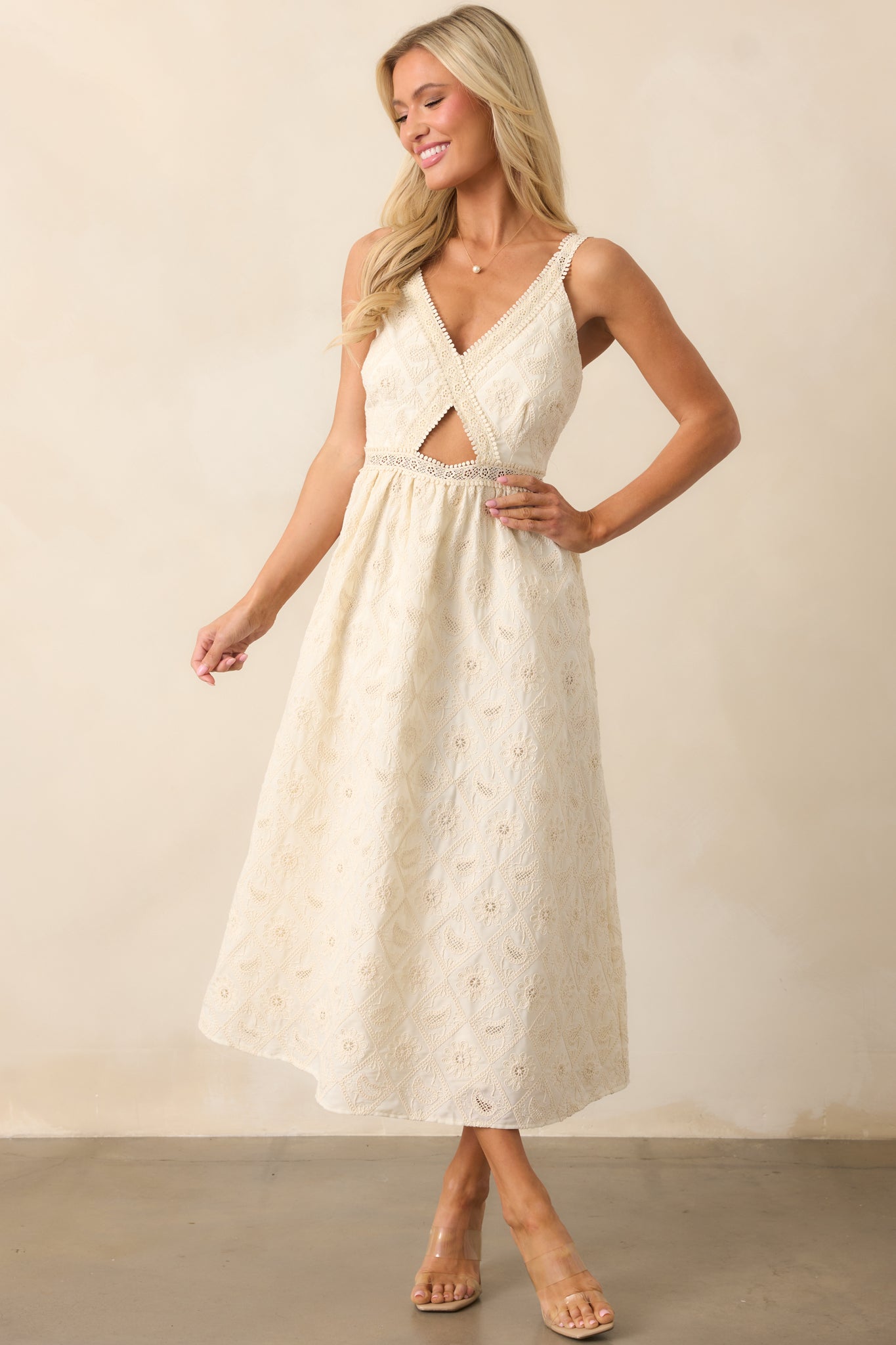 A Touch Of Grace Ivory Embroidered Cutout Midi Dress