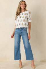 Pressed Flowers & Porcelain Ivory Multi Cotton Embroidered Floral Top