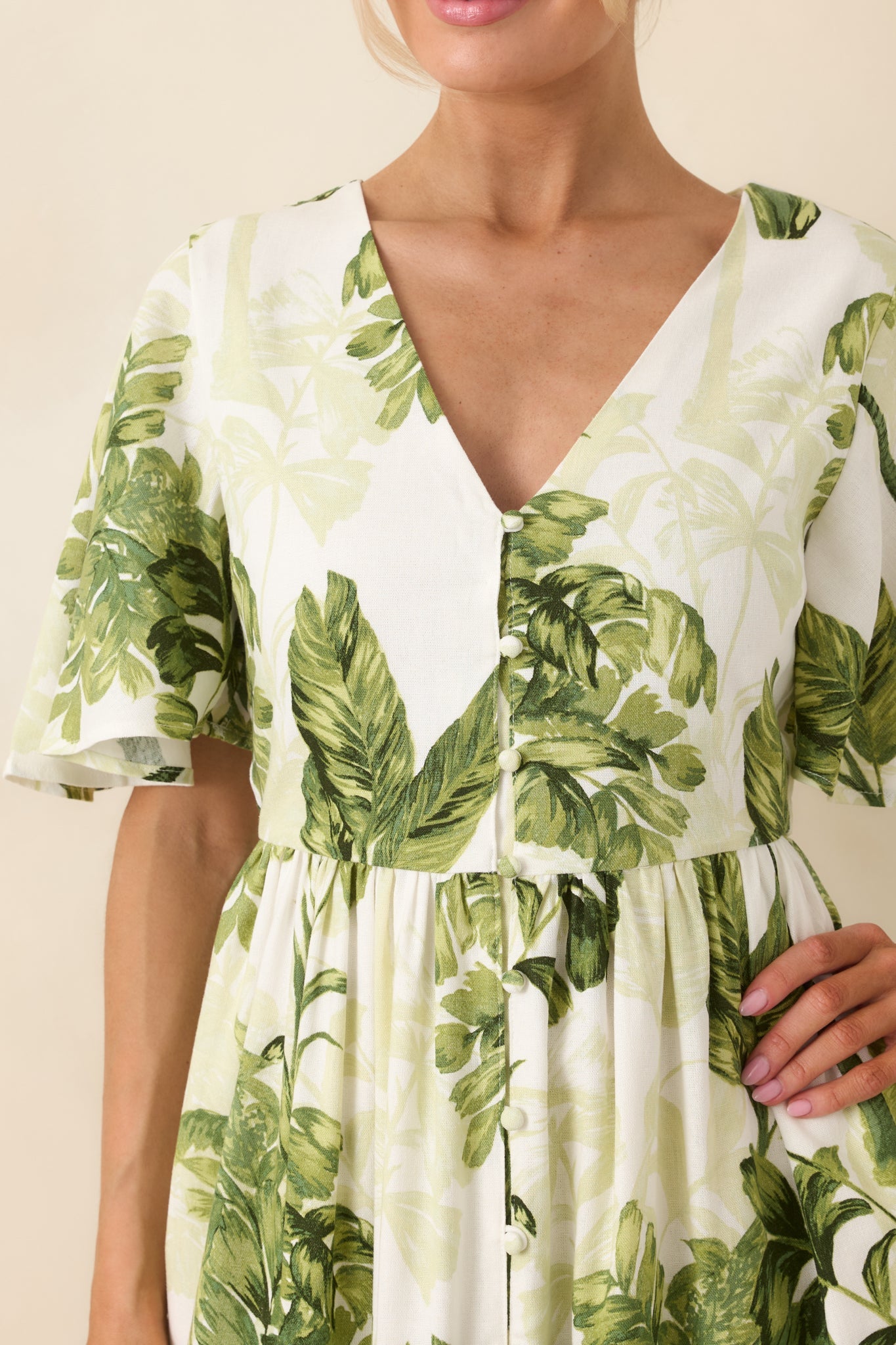 Under Swaying Palms Ivory & Green Tropical Flutter Maxi Dress