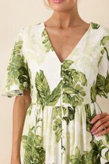Under Swaying Palms Ivory & Green Tropical Flutter Maxi Dress