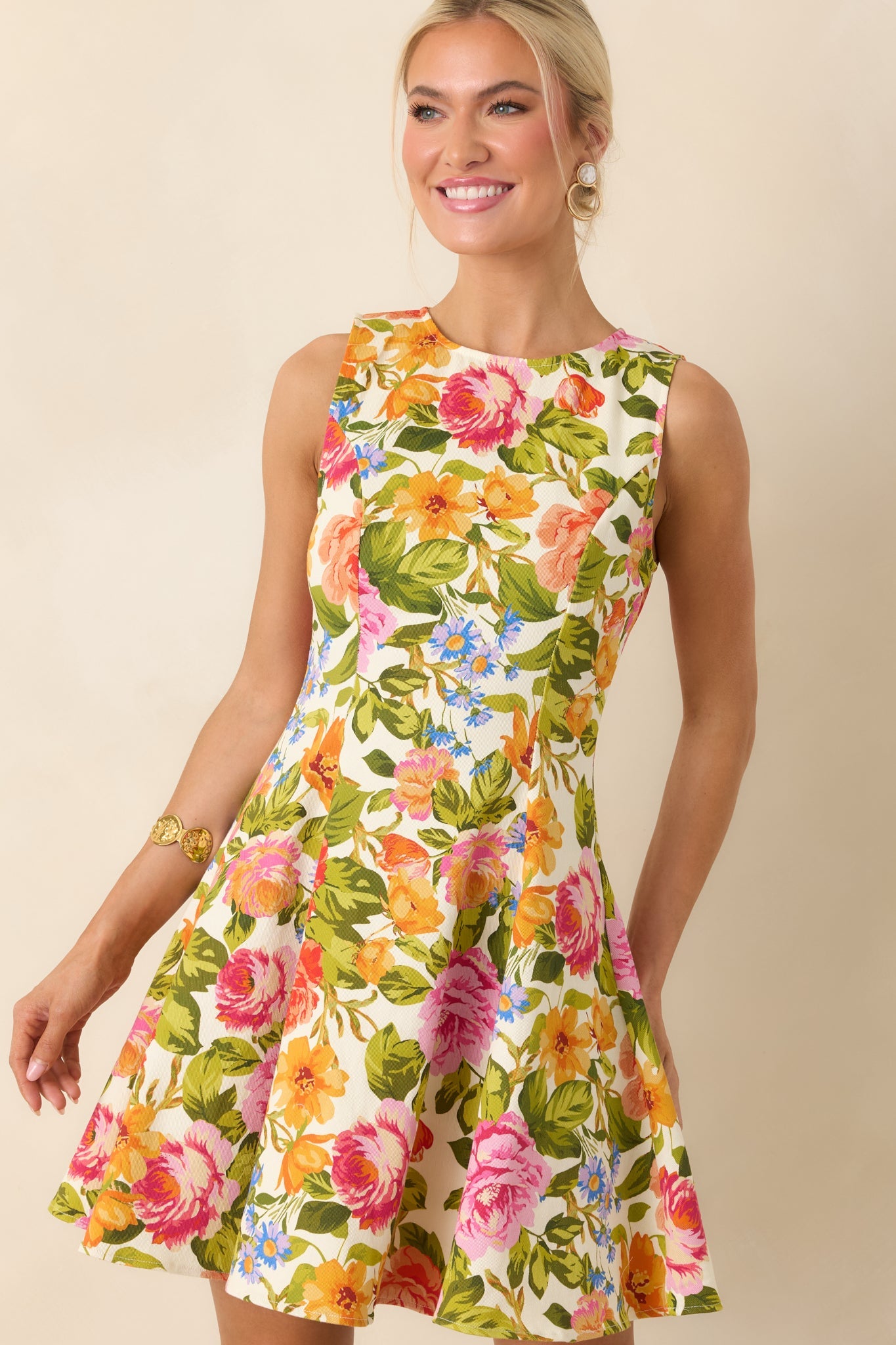 Blooming Bright Multi Floral Cotton Flared Sleeveless Mini Dress