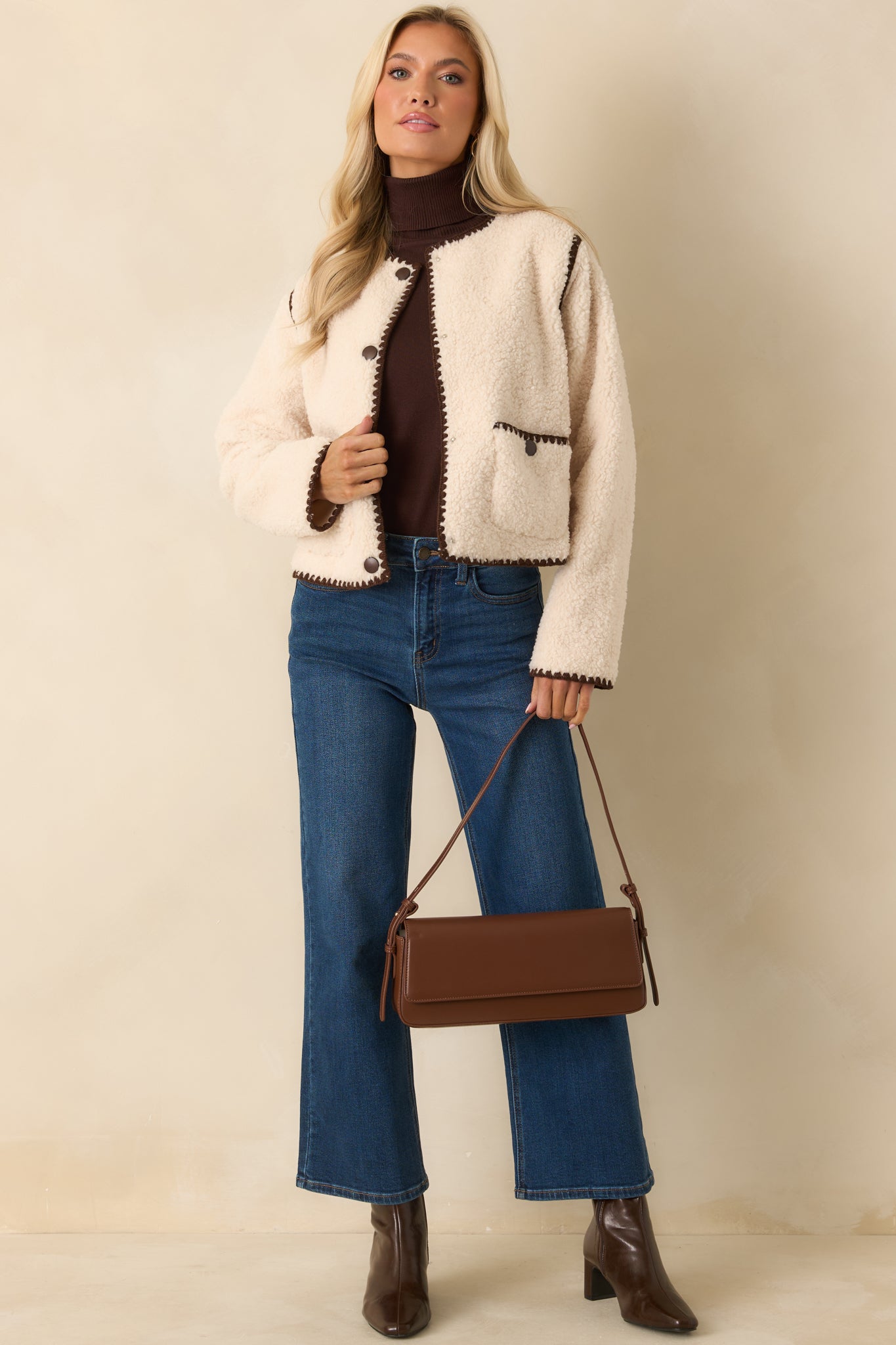 Bound to Be Cozy Ivory & Chocolate Brown Contrast Stitch Sherpa Jacket