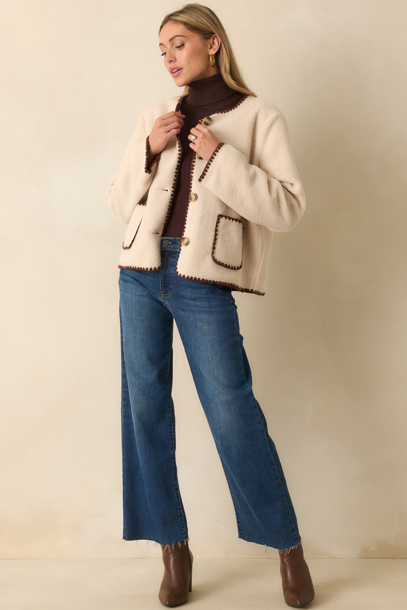 One More Thing Ivory Sherpa Fleece Contrast Trim Button Front Jacket