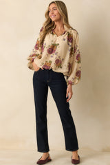 Garden Daydream Ivory Multi Floral Peasant Sleeve Blouse