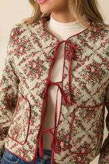 Winter Rose Ivory Multi Floral Pattern Tie Front Quilted Jacket