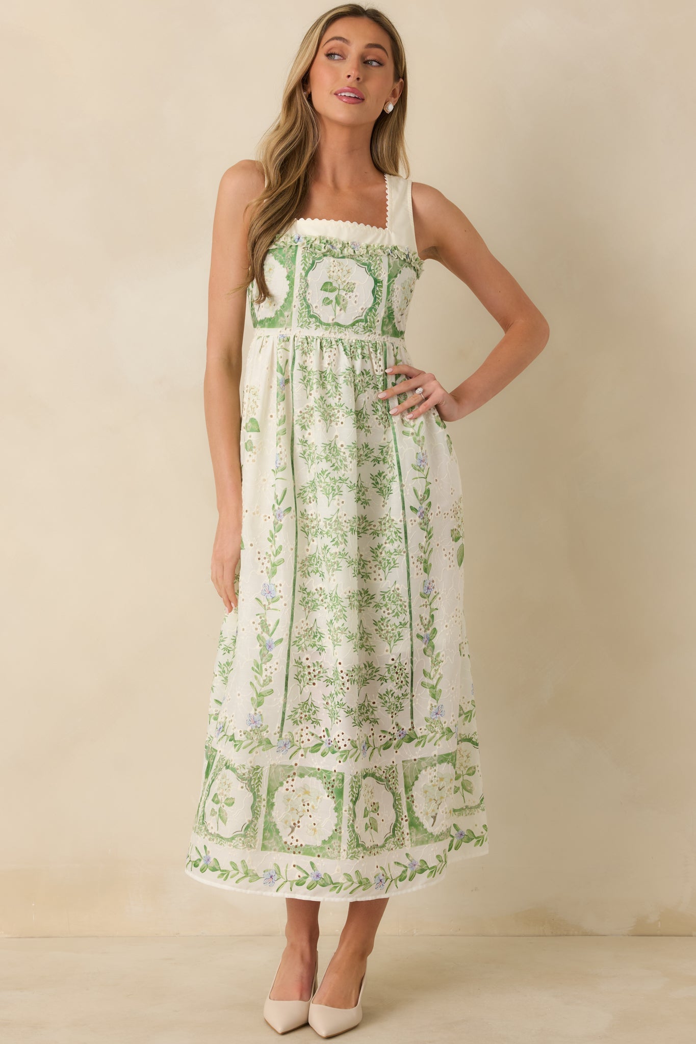 Spring Forward Ivory & Green Floral Eyelet Sleeveless Maxi Dress
