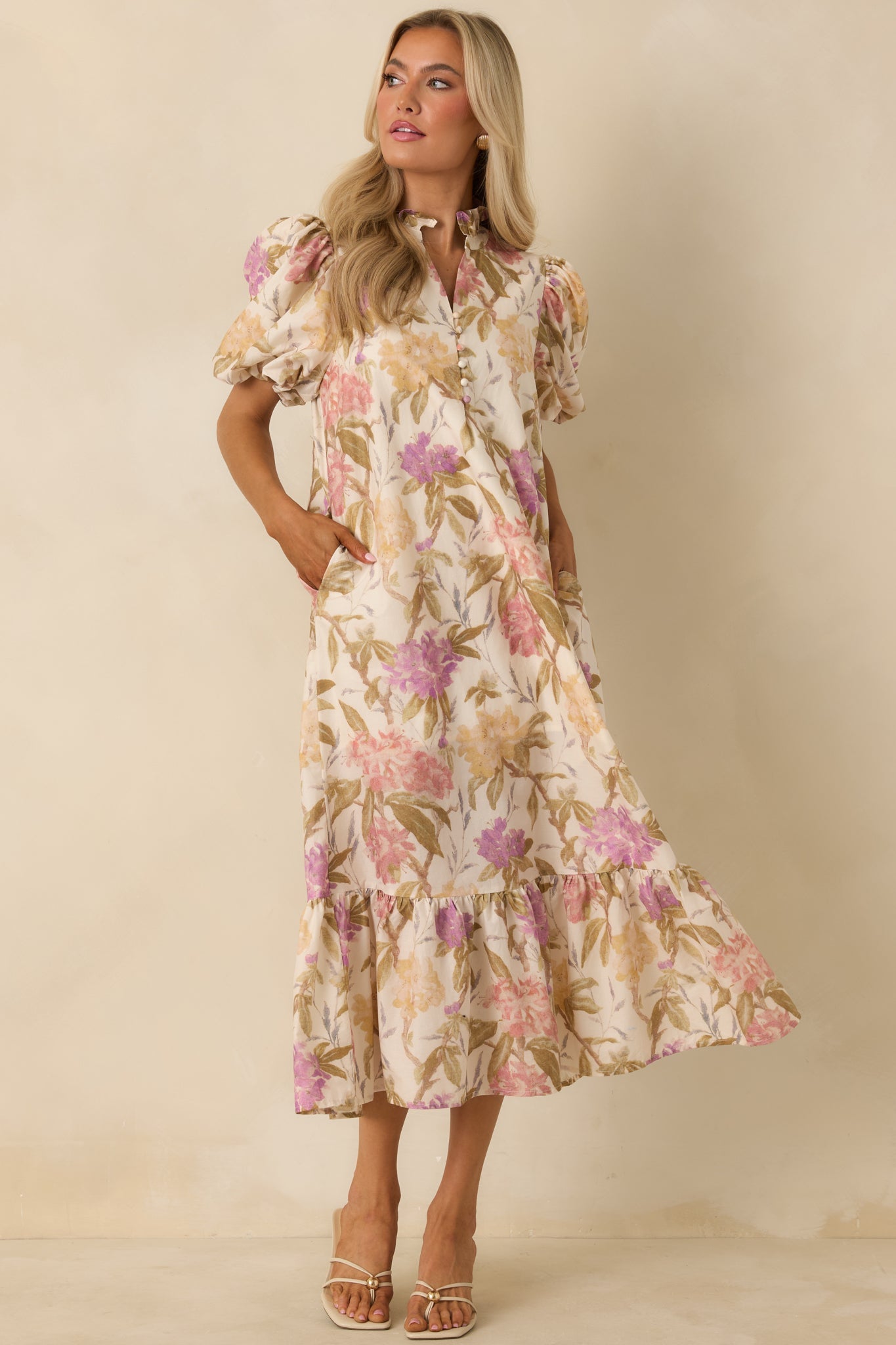 Just Can't Help Yourself Ivory Multi Floral Print Cotton Puff Sleeve Maxi Dress