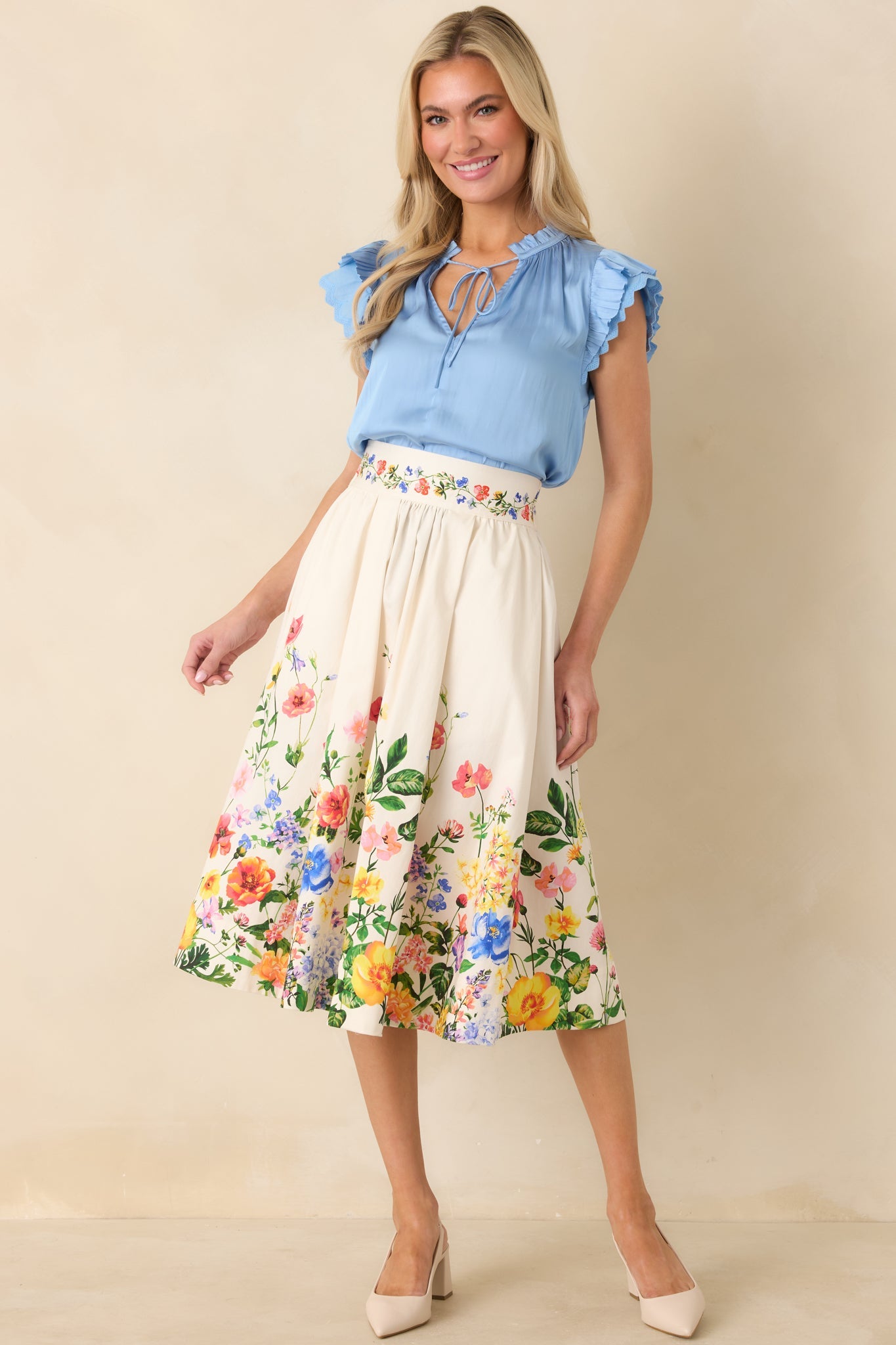A Beautiful Arrangement Ivory Multi Floral Cotton Midi Skirt