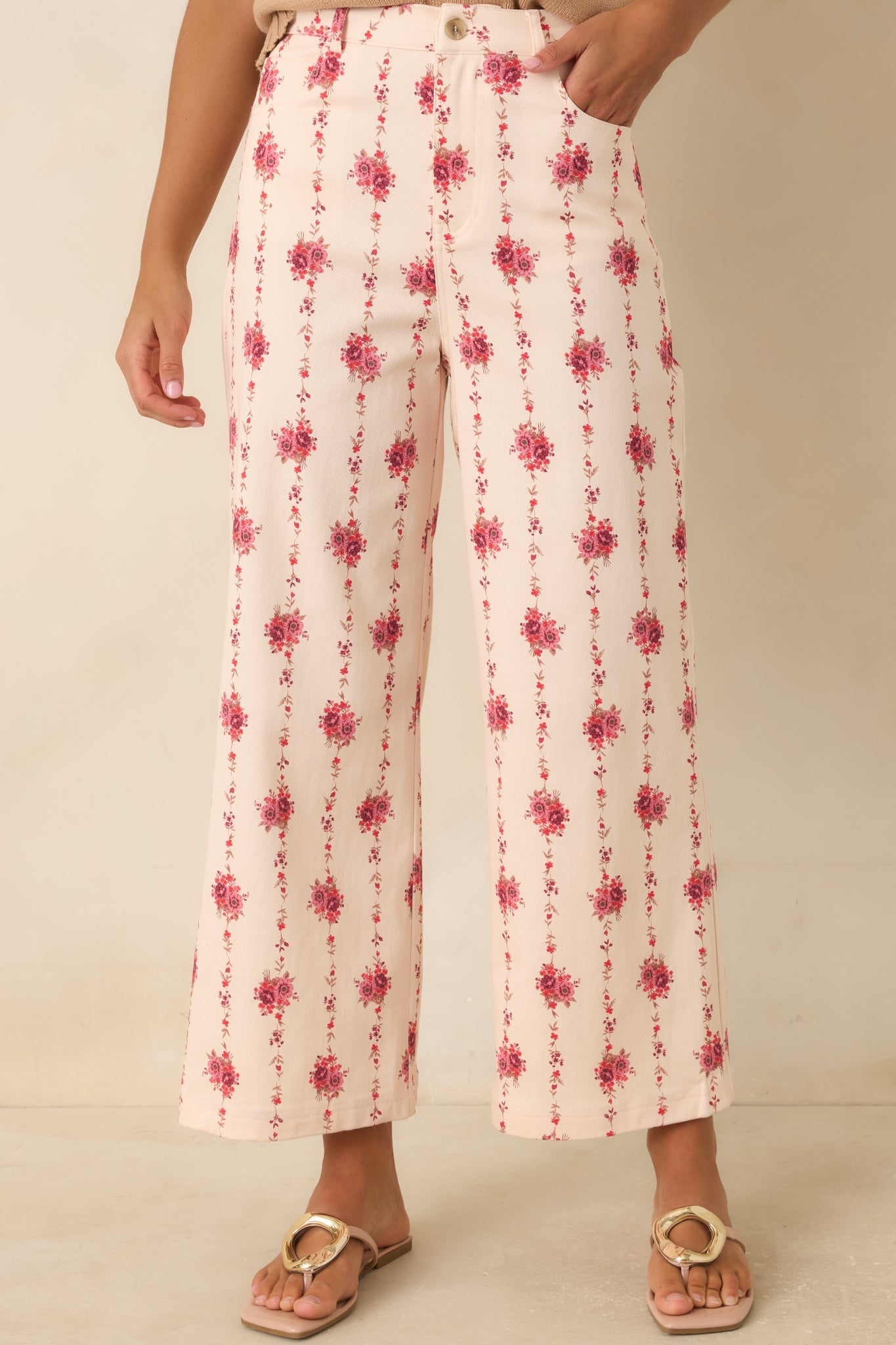 Rose Trellis Ivory Floral Cotton Wide Leg Pants