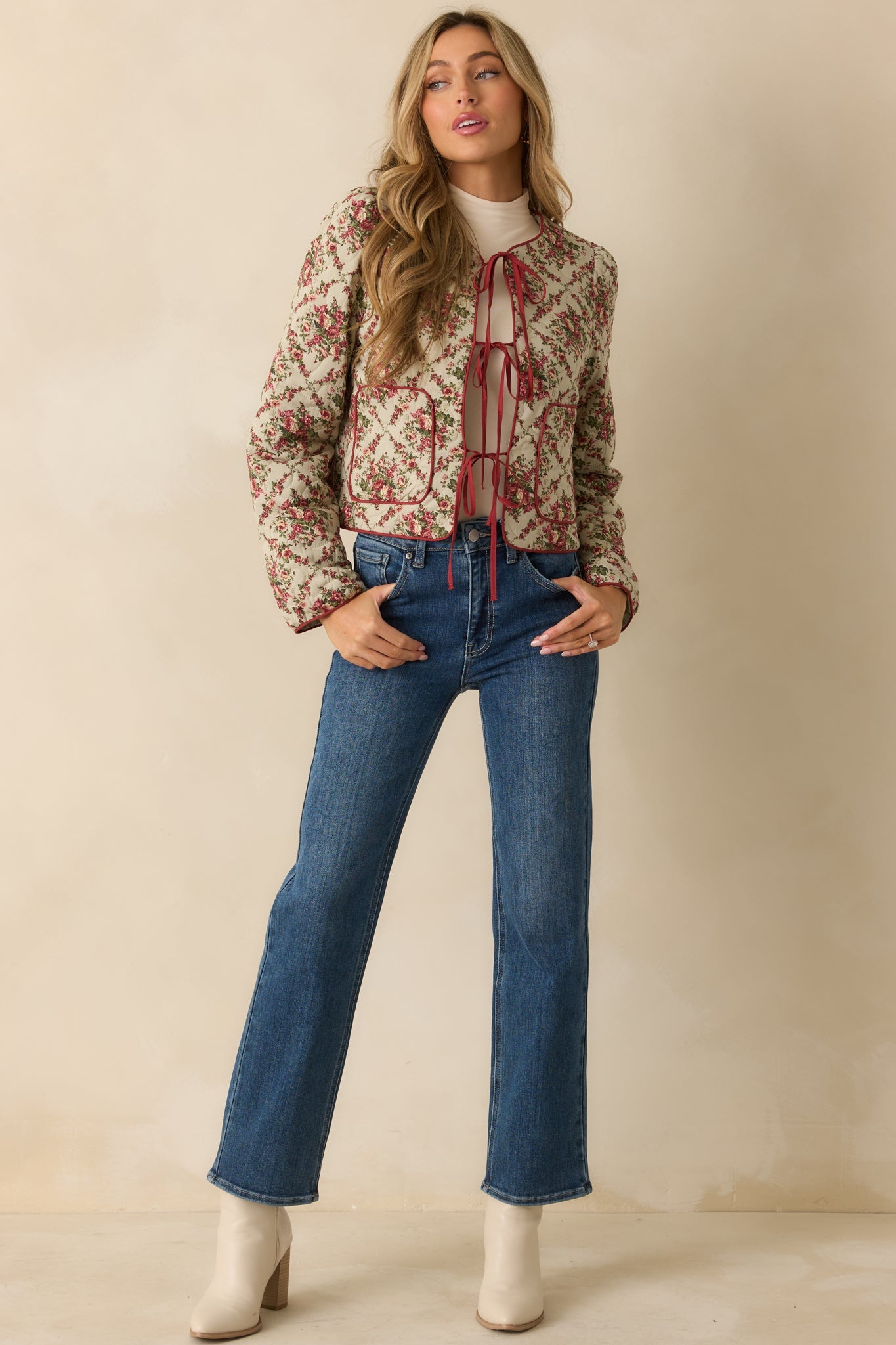 Winter Rose Ivory Multi Floral Pattern Tie Front Quilted Jacket