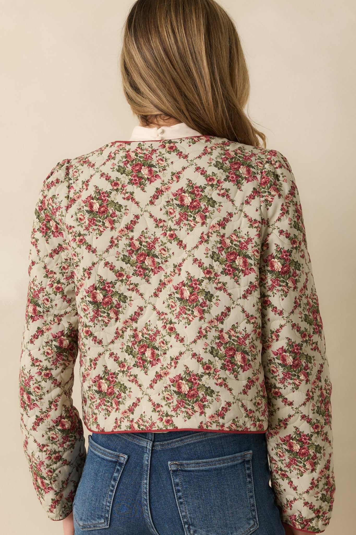 Winter Rose Ivory Multi Floral Pattern Tie Front Quilted Jacket