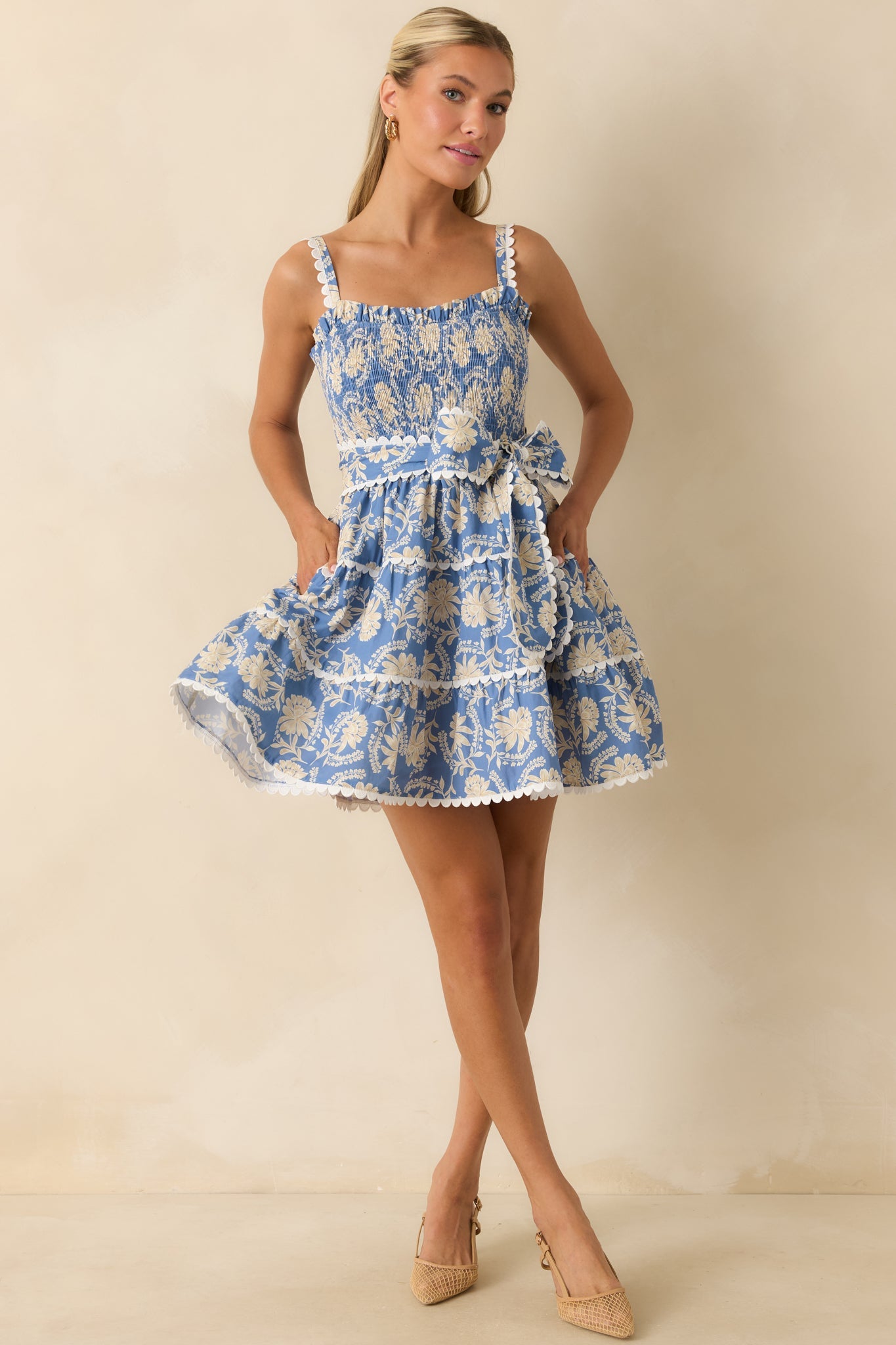 Prosperina Miss Darcy Dusty Blue Floral Cotton Mini Dress