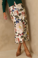 Feeling Pretty Sure Ivory Multi Floral Print Satin Midi Skirt