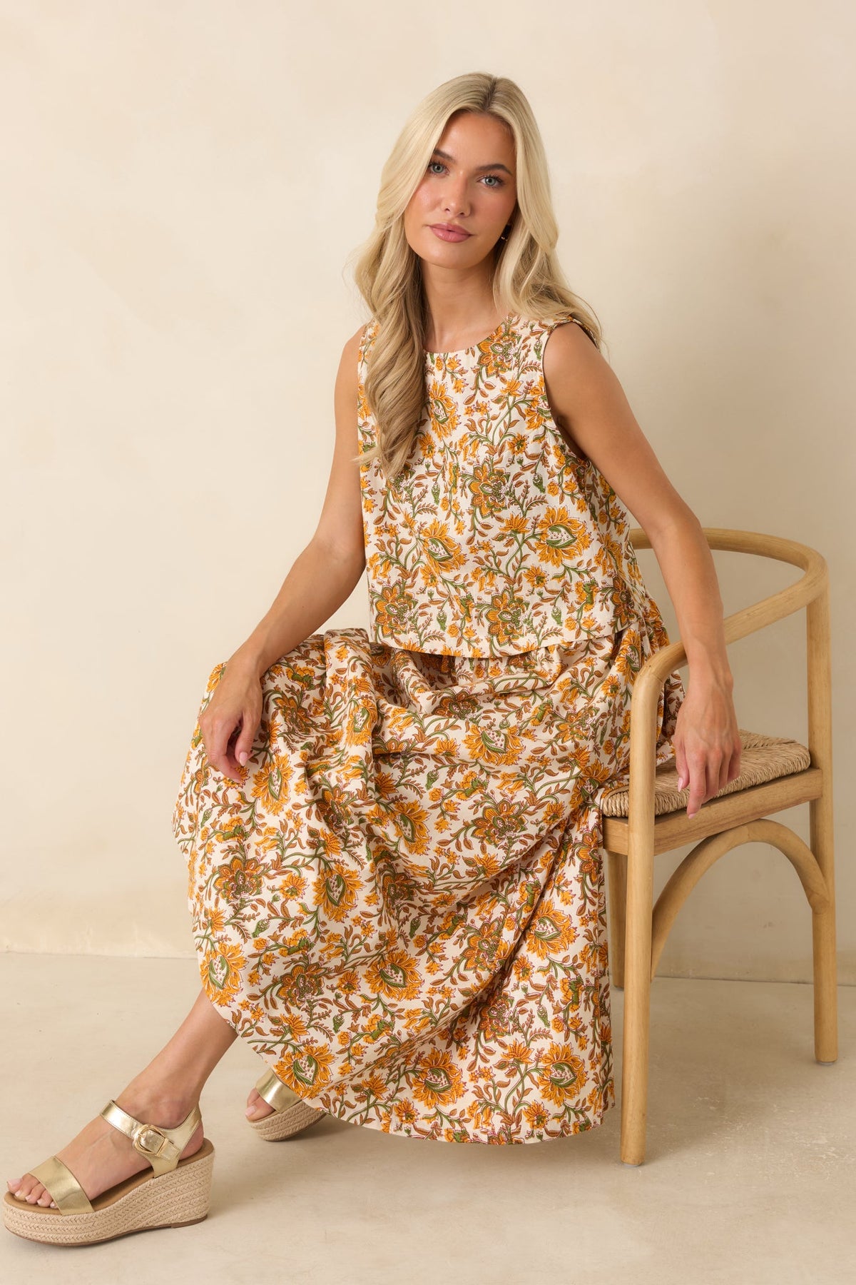 Easy to Love Marigold & Olive Green Floral Cotton Button-Back Top