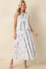 Once Upon a Daydream Blue & Ivory Floral Toile Cotton Tie-Front Top