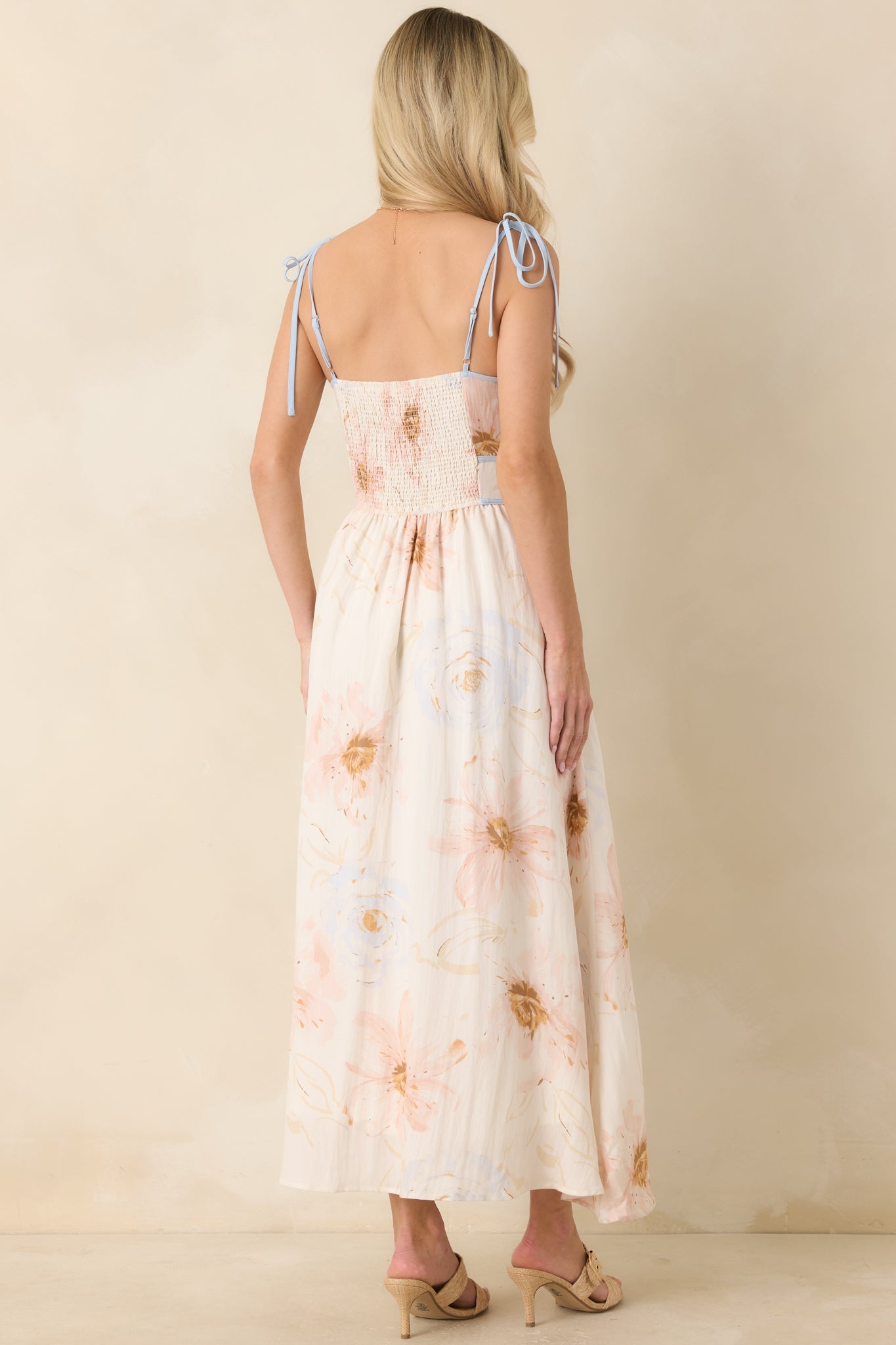 Blooming in Watercolor Ivory Multi Floral Tie Strap Midi Dress