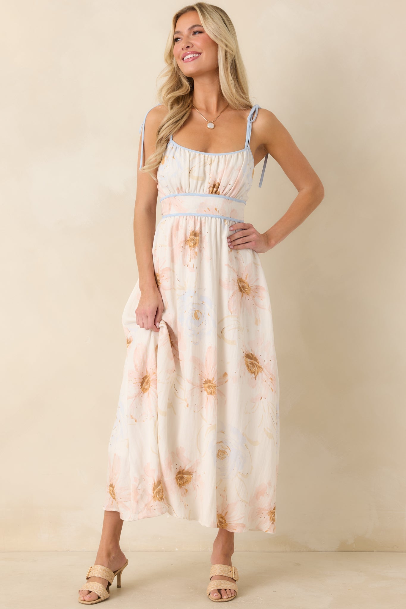 Blooming in Watercolor Ivory Multi Floral Tie Strap Midi Dress