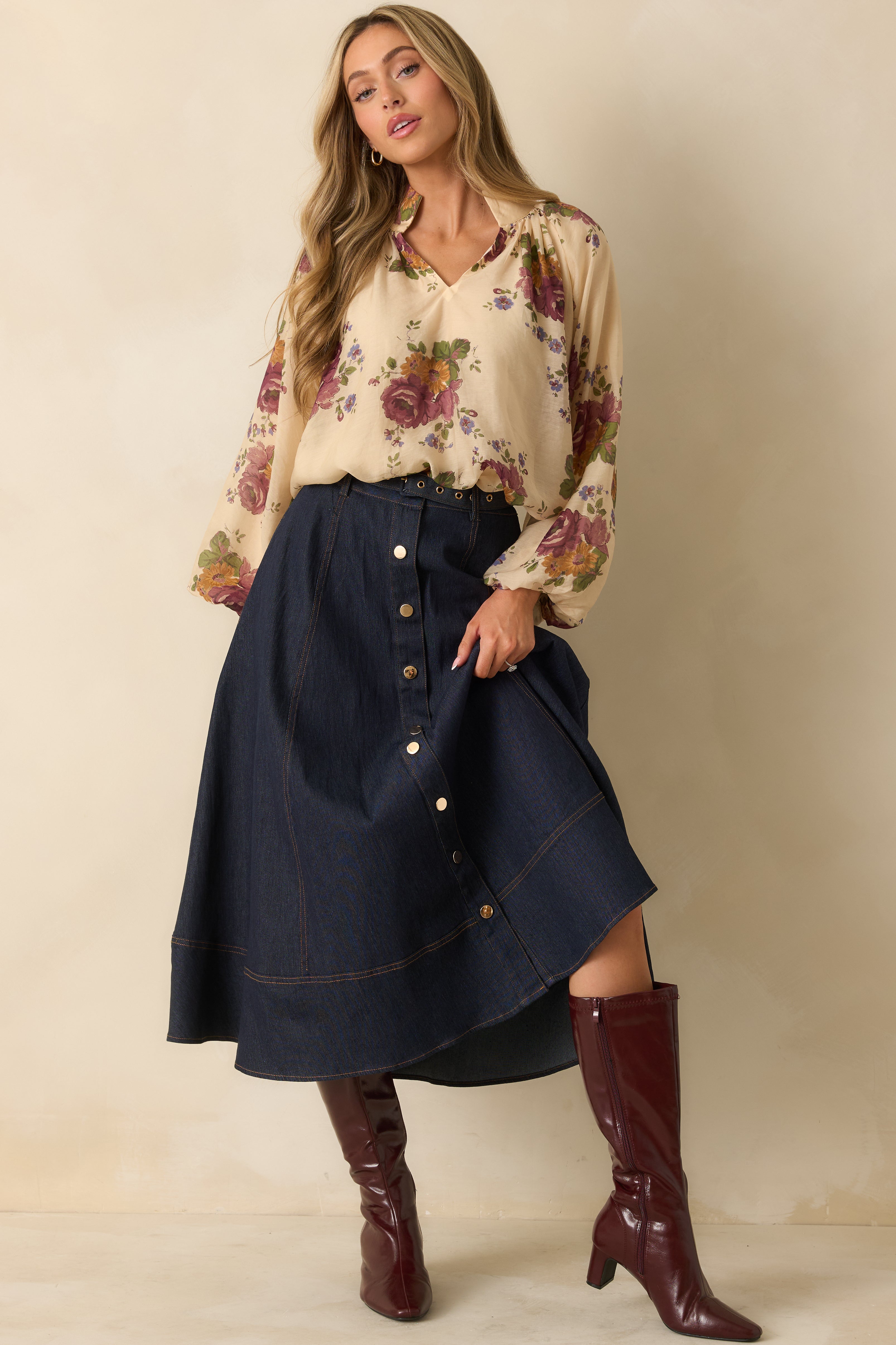Garden Daydream Ivory Multi Floral Peasant Sleeve Blouse