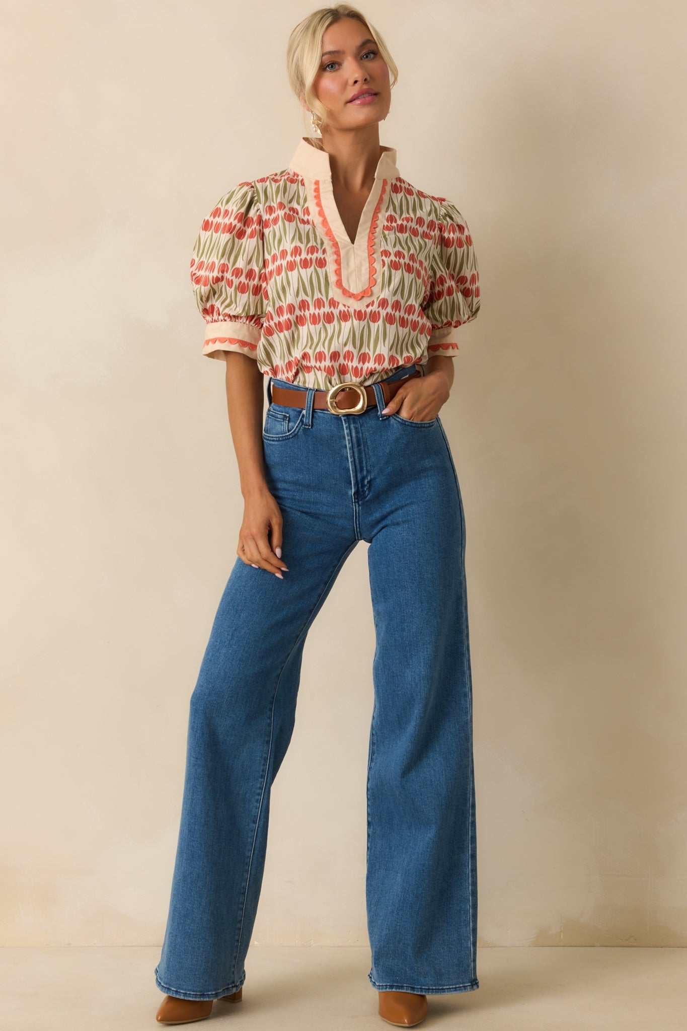 She's Got Time Ivory Tulip Floral Print Cotton Puff Sleeve Top