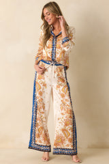 Held Her Ground Ivory Multi Floral Print Wide Leg Satin Pants