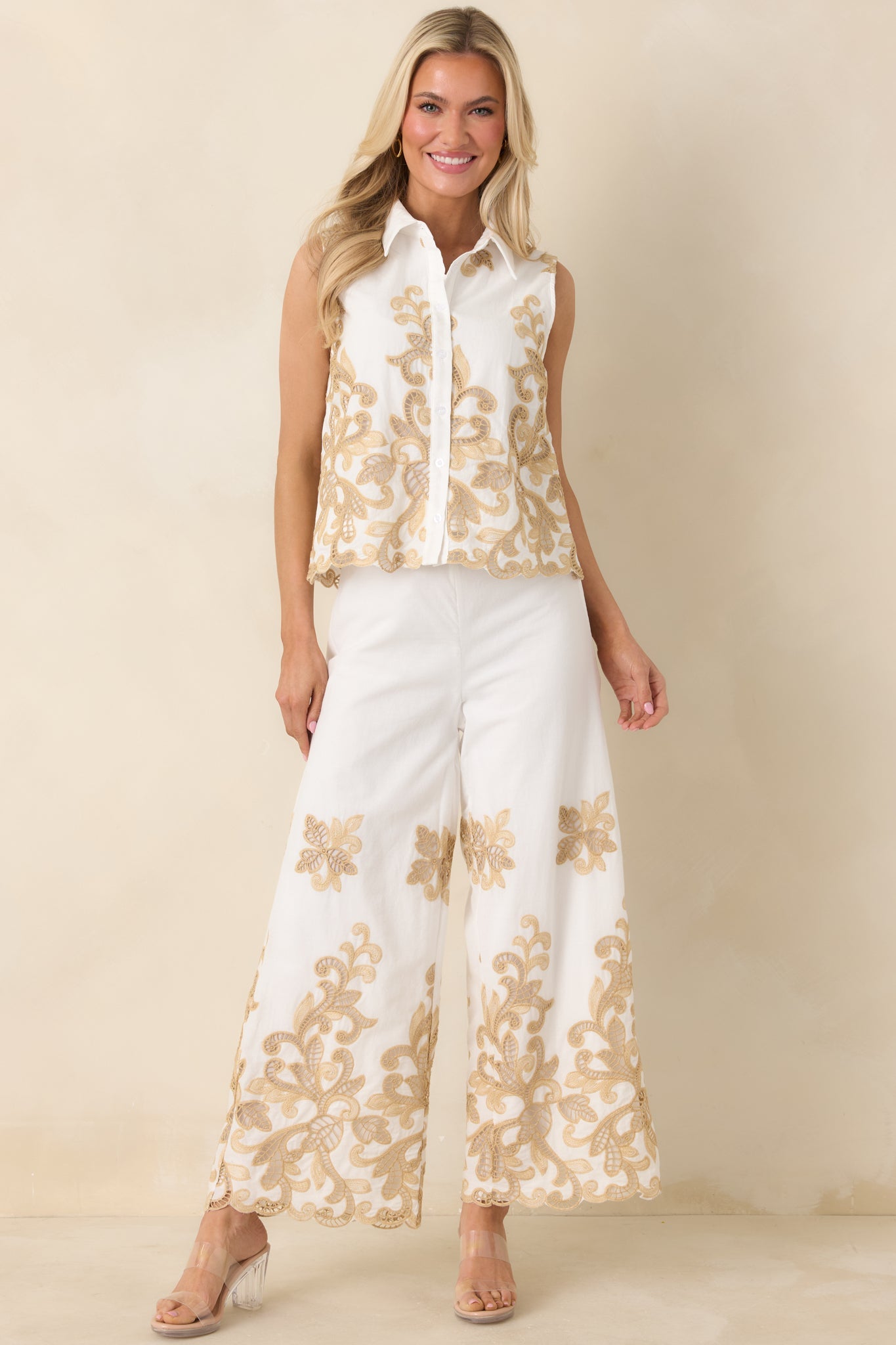 Kiss Me in Champagne Ivory Cotton Lace Applique Wide Leg Pants
