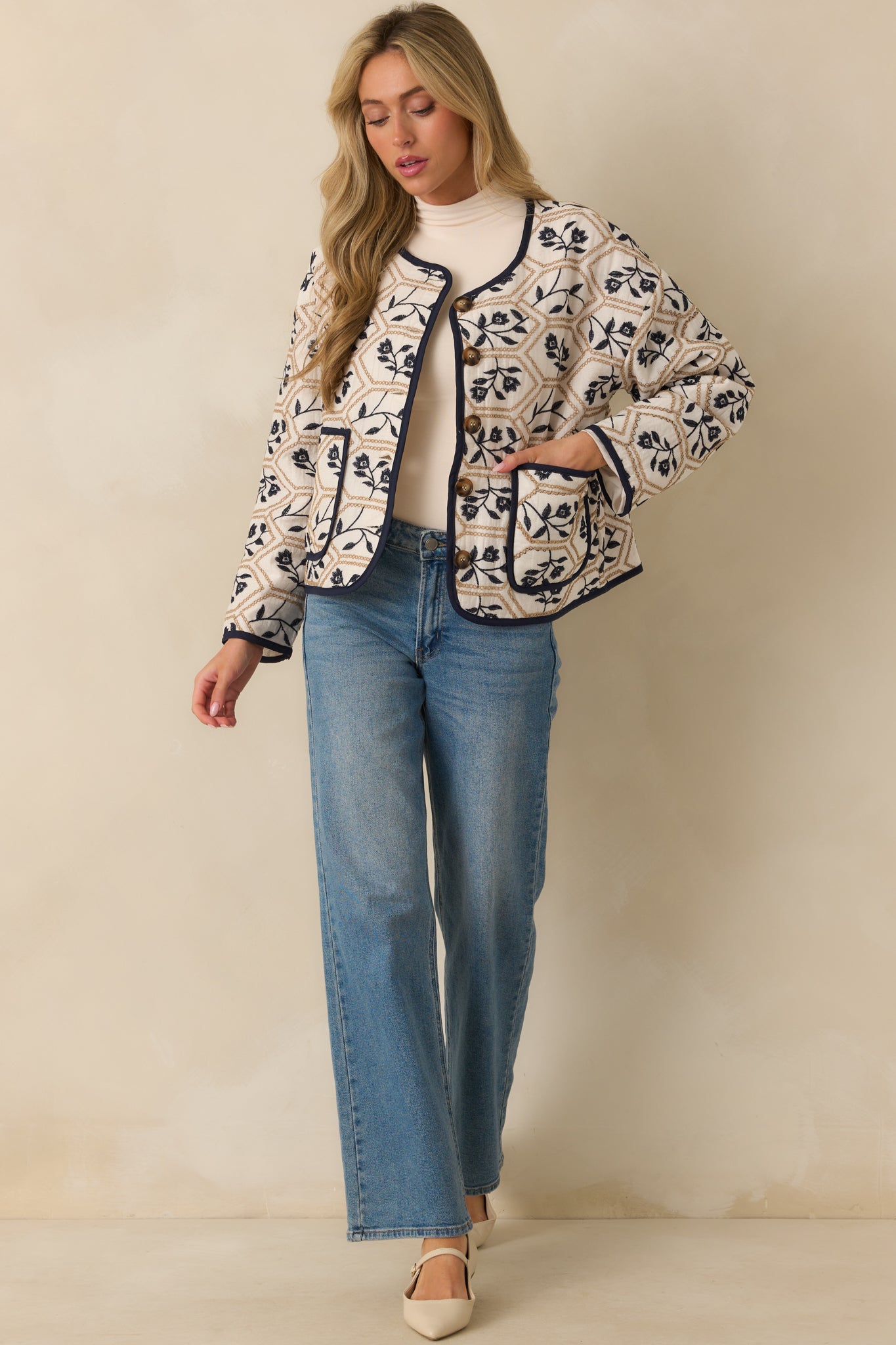 All The Right Ways Ivory Floral Embroidered Quilted Jacket