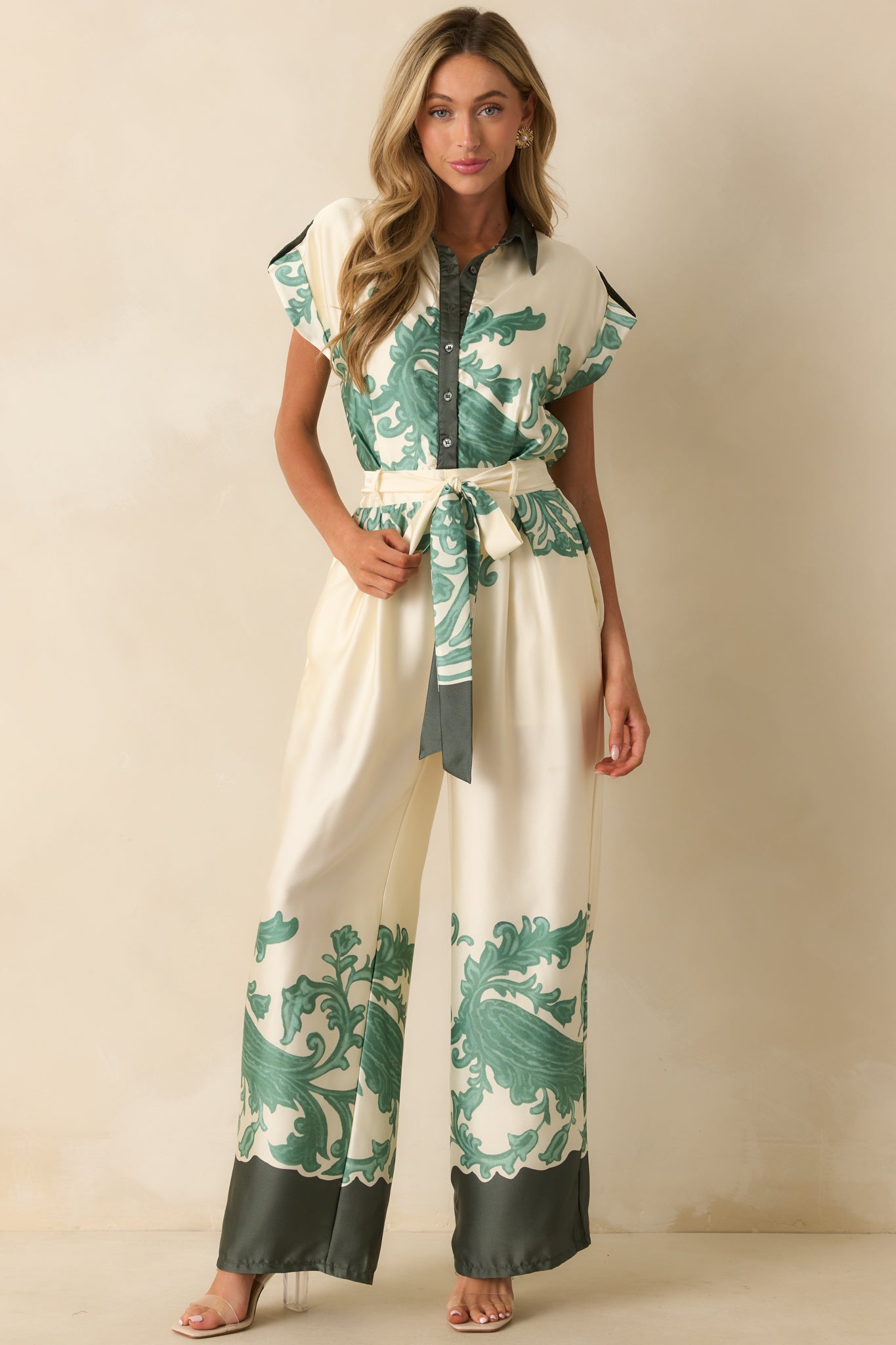 In So Many Words Green Multi Print Button Up Wide Leg Jumpsuit