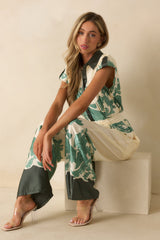 In So Many Words Green Multi Print Button Up Wide Leg Jumpsuit