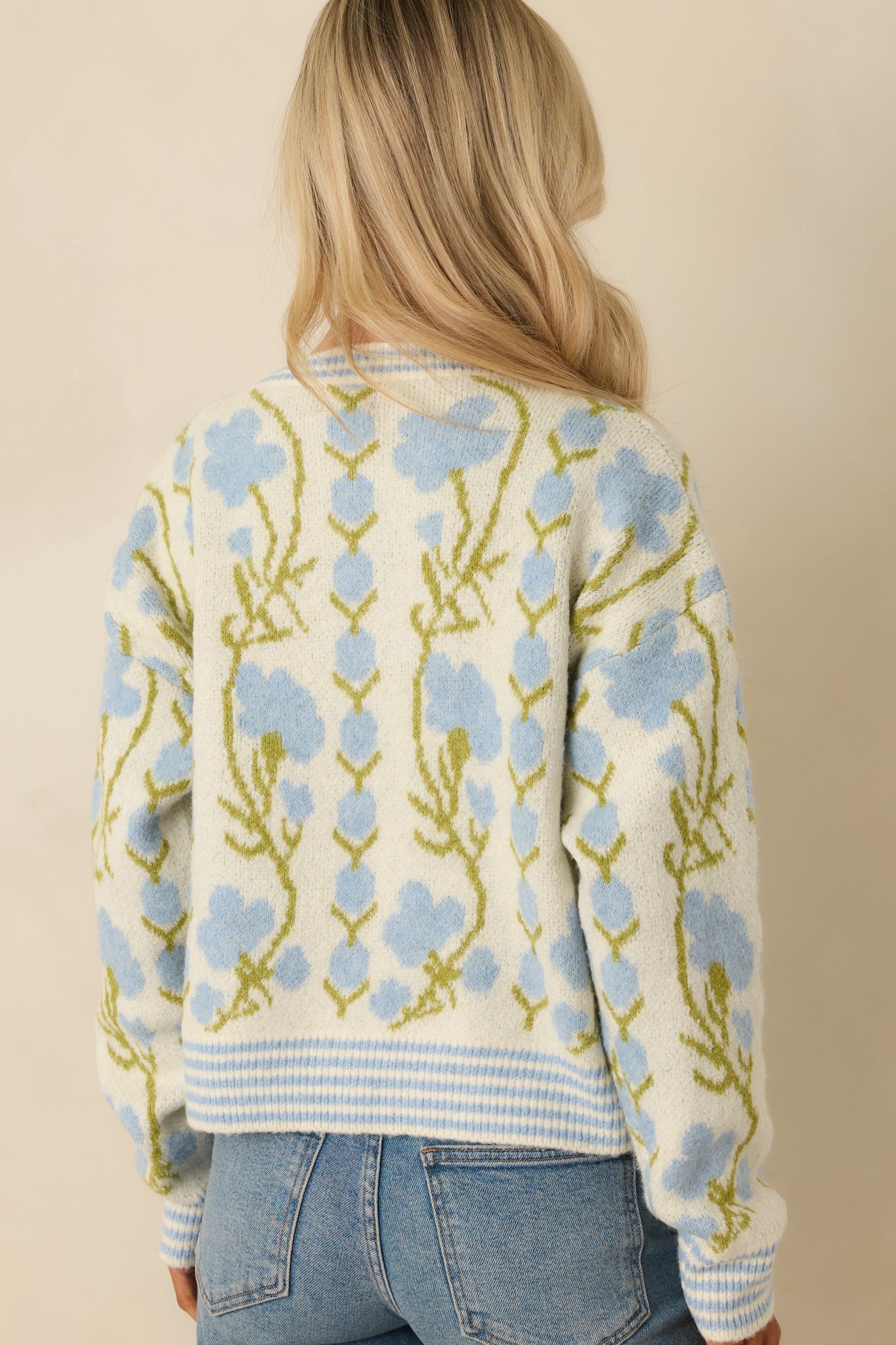 Softly into the Season Ivory & Blue Floral Button Up Cardigan Sweater
