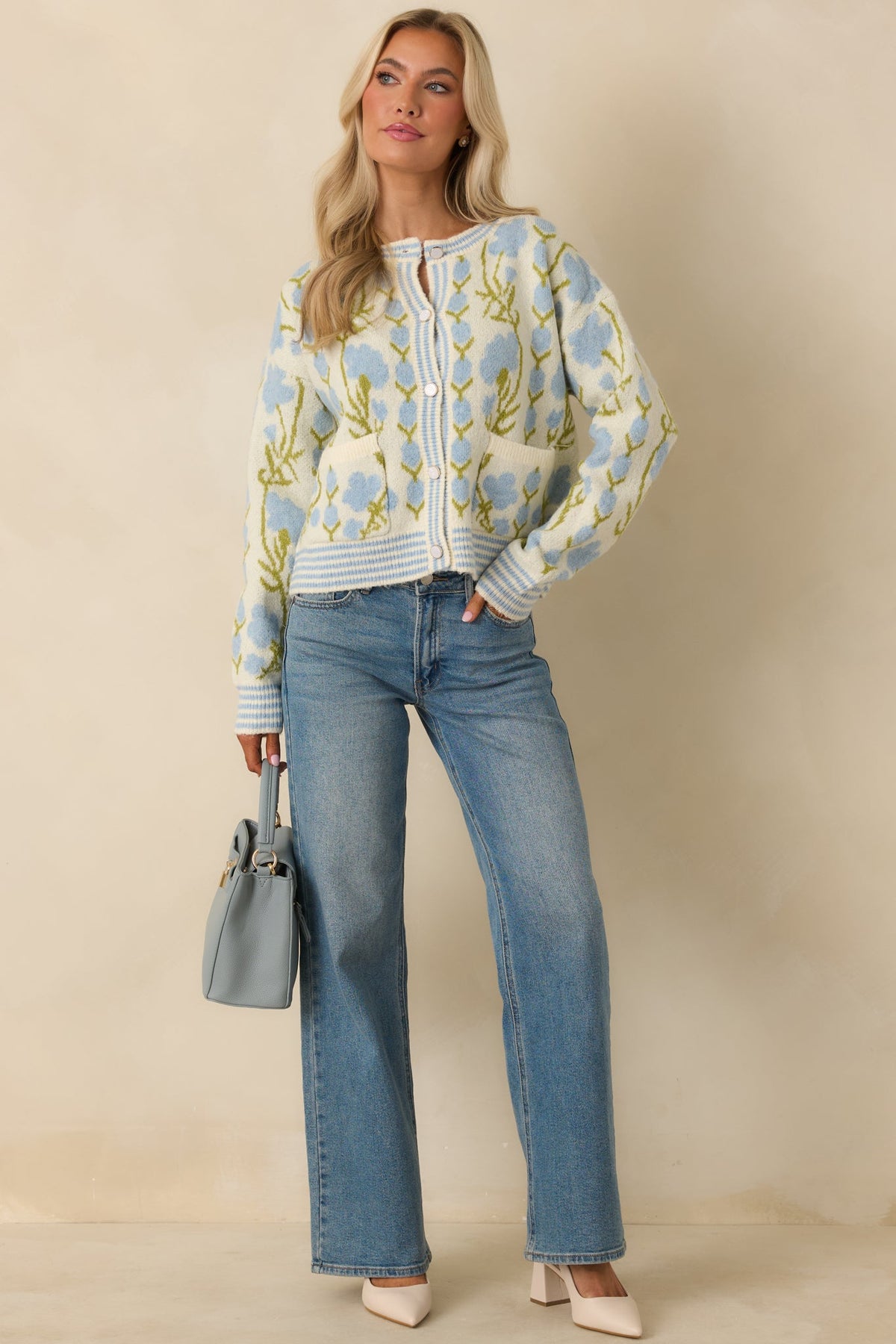 Softly into the Season Ivory & Blue Floral Button Up Cardigan Sweater