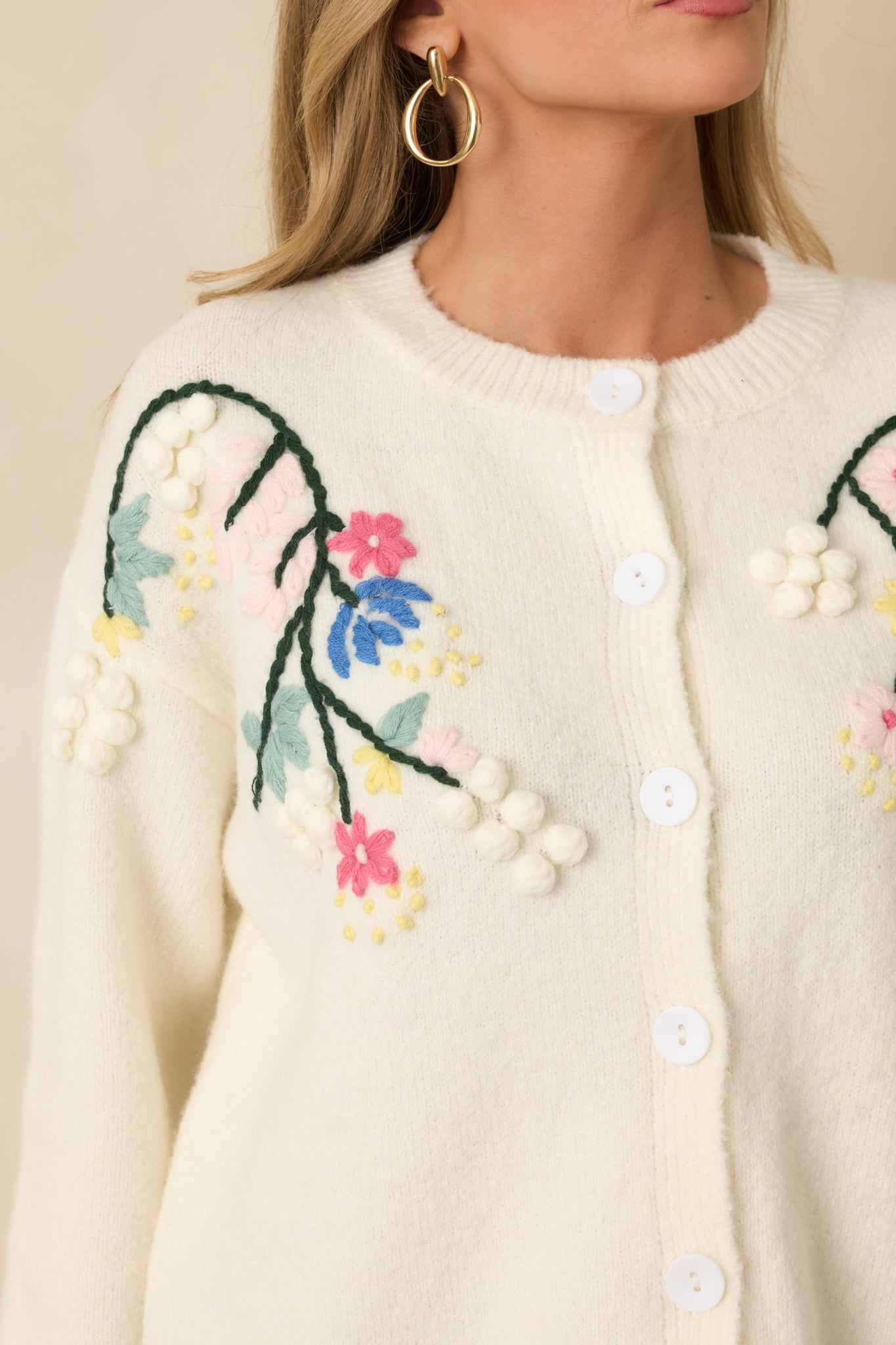 Where the Wildflowers Are Ivory Multi Knit Floral Embroidered Cardigan Sweater