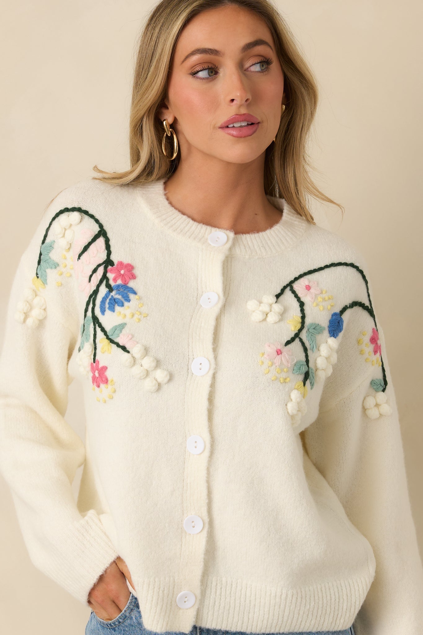 Where the Wildflowers Are Ivory Multi Knit Floral Embroidered Cardigan Sweater