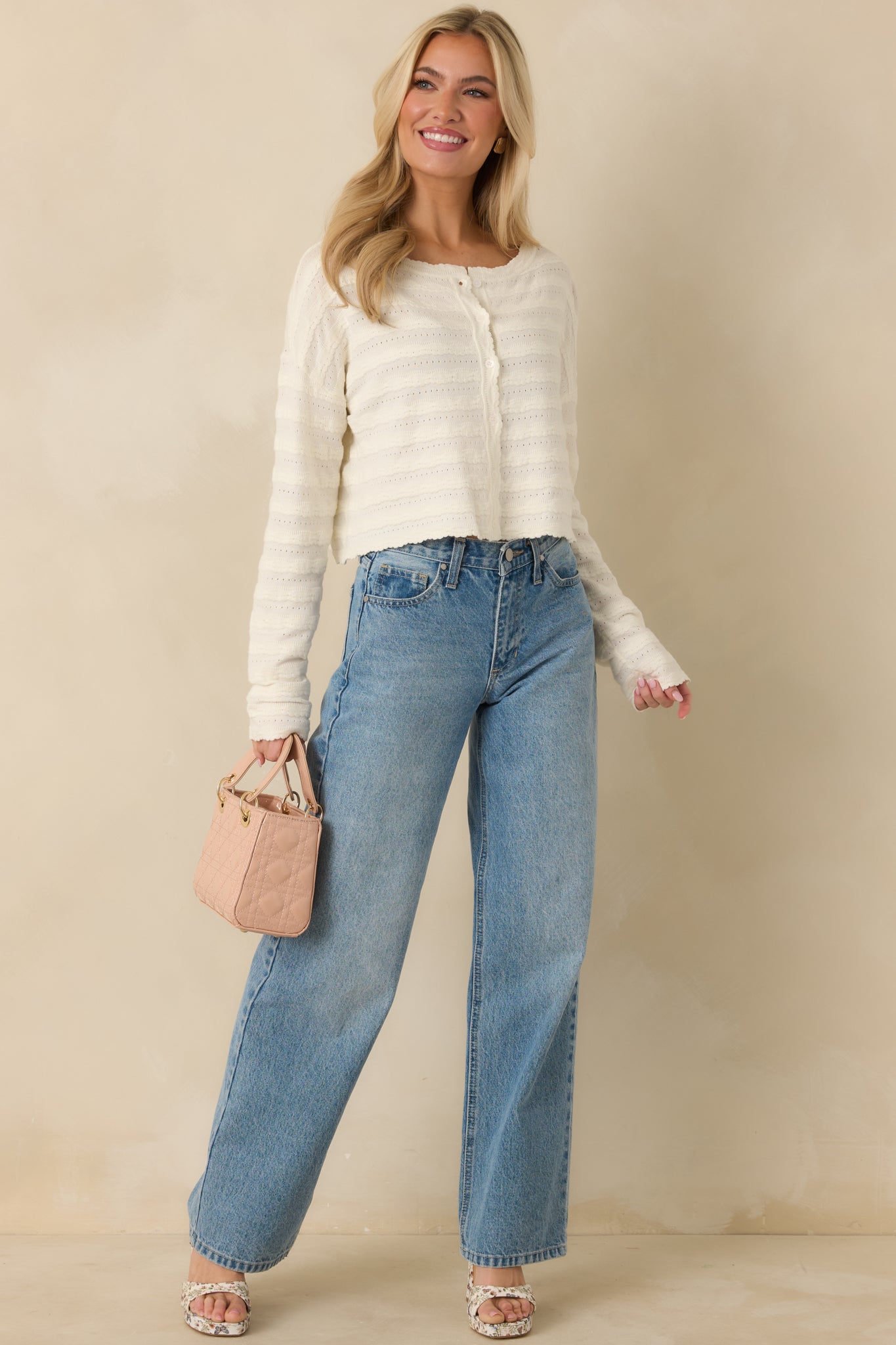 Away We Go Ivory Textured Knit Button Front Cardigan