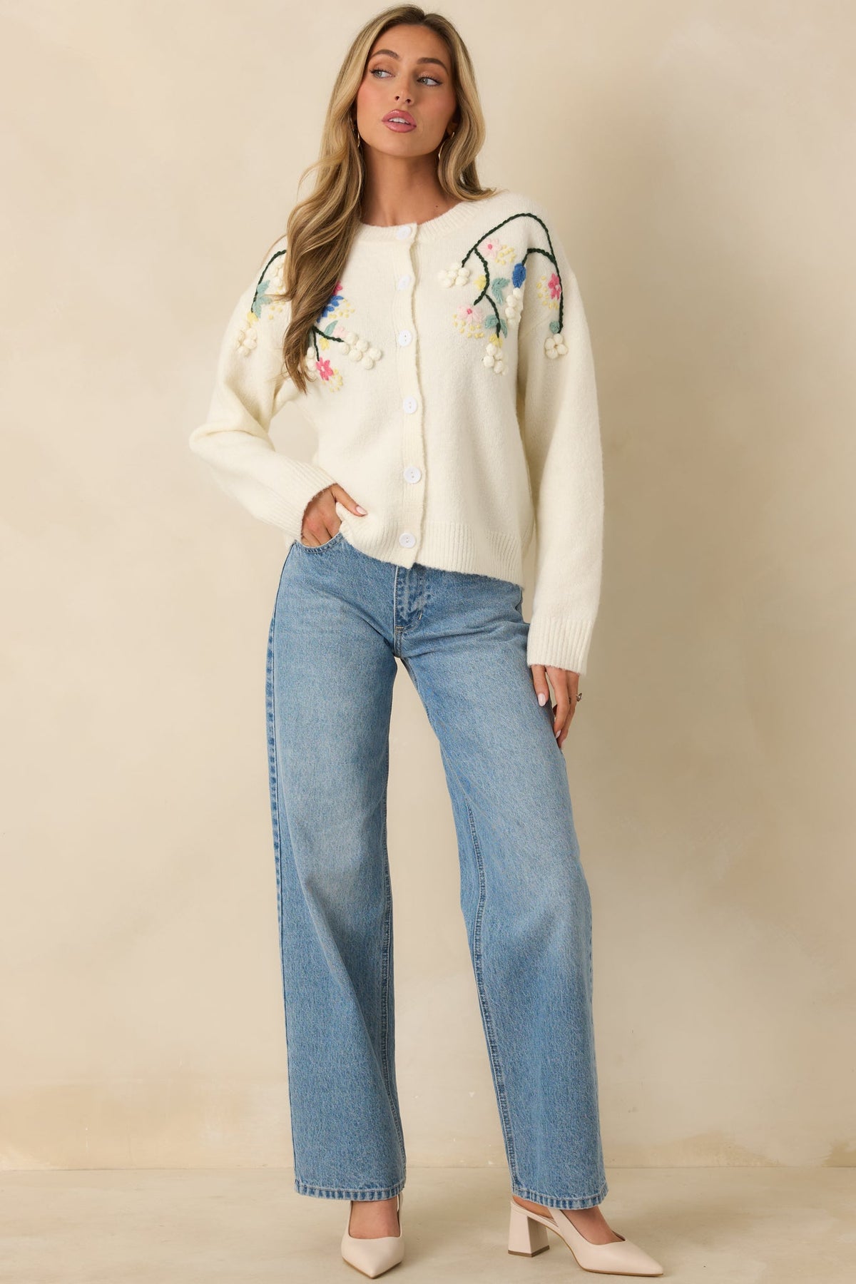 Where the Wildflowers Are Ivory Multi Knit Floral Embroidered Cardigan Sweater